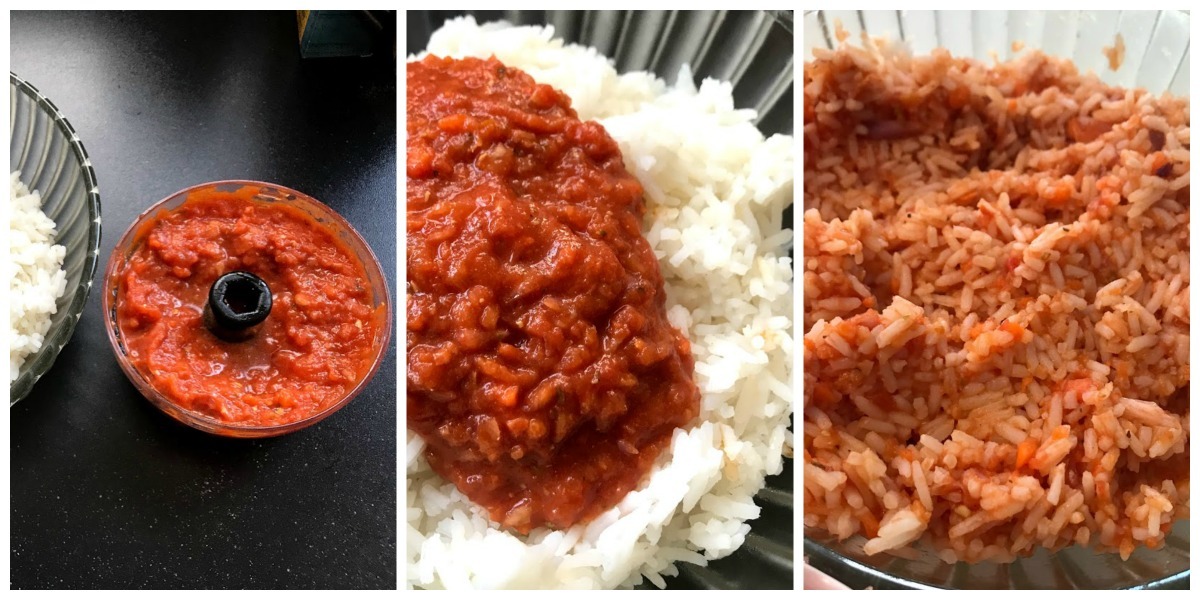 Rode rijst met gehaktballetjes, gepelde tomaten