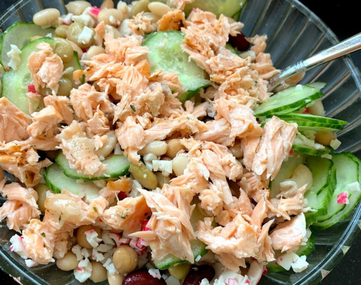 bonensalade met krab en zalm