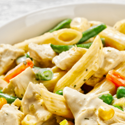 Romige penne met tuinerwtjes en spekreepjes